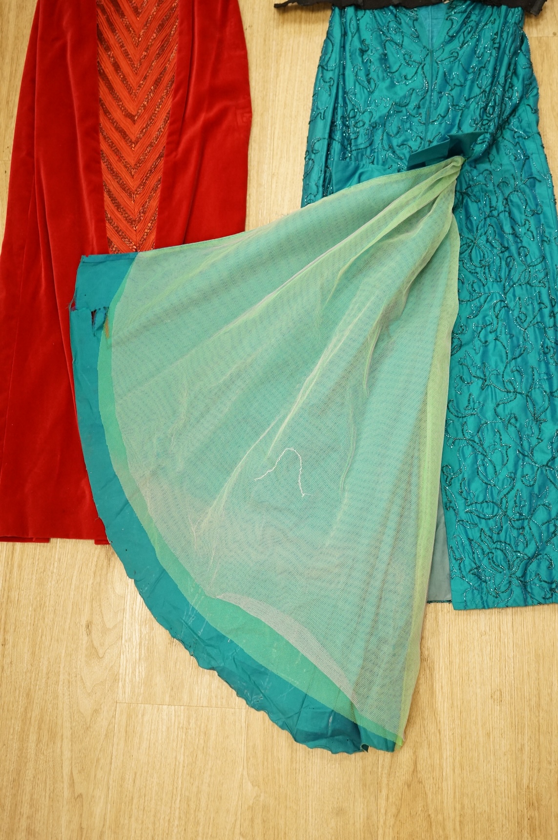 A 1960's/70's evening dress and jacket, with a red velvet dress